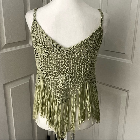 Y2K 34”‎ Bust Green Granny Crochet Fringe Strappy Crop Top Boho Festival Hippie - Picture 5 of 11
